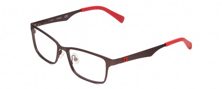 Profile View of Guess GU9143 Designer Reading Eye Glasses with Custom Cut Powered Lenses in Bronze Brown Red Tips Unisex Rectangle Full Rim Metal 48 mm