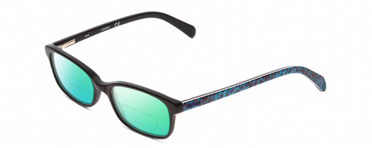 Profile View of Guess KIDS GU9158 Designer Polarized Reading Sunglasses with Custom Cut Powered Green Mirror Lenses in Glossy Black Turquoise Cheetah Print Unisex Oval Full Rim Acetate 46 mm