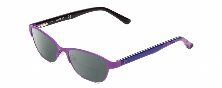 Profile View of Guess GU9170 Designer Polarized Reading Sunglasses with Custom Cut Powered Smoke Grey Lenses in Matte Pink Purple Animal Print Ladies Classic Full Rim Metal 49 mm