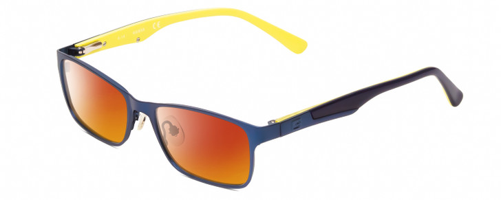 Profile View of Guess GU9173 Designer Polarized Sunglasses with Custom Cut Red Mirror Lenses in Matte Navy Blue Yellow Unisex Rectangle Full Rim Metal 47 mm