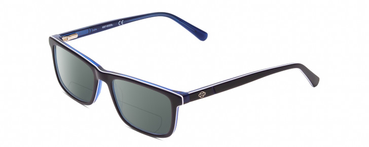 Profile View of Harley Davidson HD0133T Designer Polarized Reading Sunglasses with Custom Cut Powered Smoke Grey Lenses in Navy Blue White Triple Layer Unisex Square Full Rim Acetate 47 mm