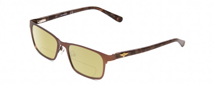 Profile View of Harley Davidson HD0136T Designer Polarized Reading Sunglasses with Custom Cut Powered Sun Flower Yellow Lenses in Matte Bronze Brown Unisex Square Full Rim Metal 48 mm