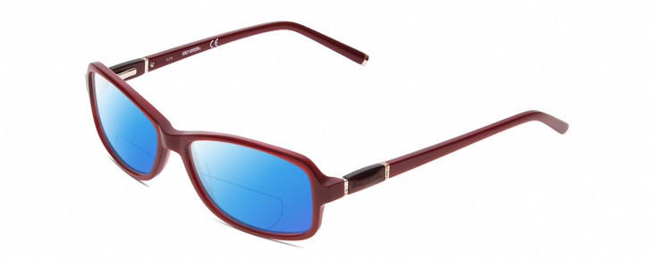 Profile View of Harley Davidson HD0537 Designer Polarized Reading Sunglasses with Custom Cut Powered Blue Mirror Lenses in Burgundy Red Ladies Oval Full Rim Acetate 54 mm