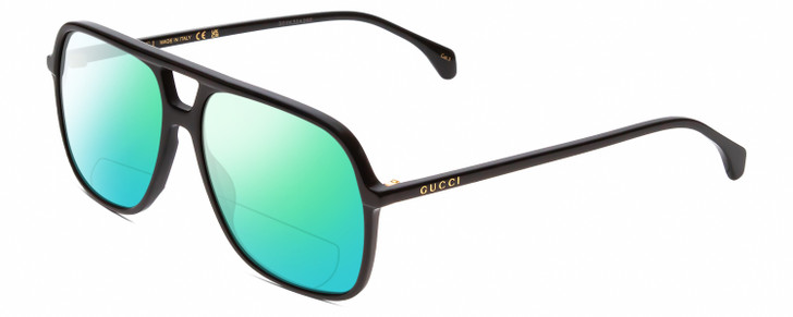 Profile View of Gucci GG0545S Designer Polarized Reading Sunglasses with Custom Cut Powered Green Mirror Lenses in Gloss Black Mens Aviator Full Rim Acetate 58 mm