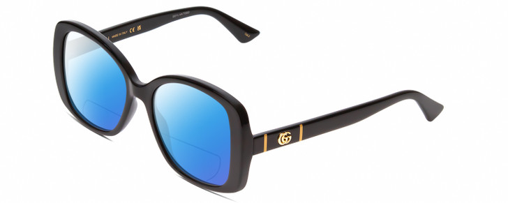 Profile View of Gucci GG0762S Designer Polarized Reading Sunglasses with Custom Cut Powered Blue Mirror Lenses in Black Ladies Oversized Full Rim Acetate 56 mm