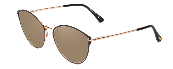 Profile View of Tom Ford FT5573-B Designer Polarized Reading Sunglasses with Custom Cut Powered Amber Brown Lenses in Black Rose Gold Ladies Cateye Full Rim Metal 55 mm