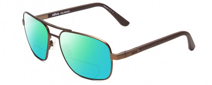 Profile View of REVO Freeman Designer Polarized Reading Sunglasses with Custom Cut Powered Green Mirror Lenses in Brown Unisex Aviator Full Rim Metal 58 mm