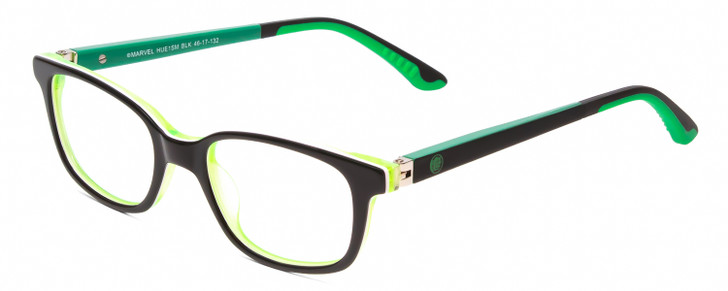 Profile View of Marvel KIDS HUE1SM Hulk Graphic Designer Single Vision Prescription Rx Eyeglasses in Black White Neon Green Triple Layered Unisex Classic Full Rim Acetate 46 mm