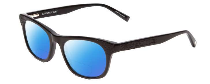 Profile View of Jones New York J229 Designer Polarized Reading Sunglasses with Custom Cut Powered Blue Mirror Lenses in Black Ladies Oval Full Rim Acetate 48 mm