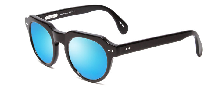 Profile View of Ernest Hemingway H4816 Designer Polarized Sunglasses with Custom Cut Blue Mirror Lenses in Shiny Black Unisex Round Full Rim Acetate 48 mm