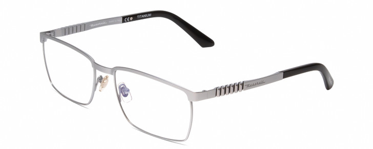 Profile View of MASERATI MS00902 Unisex Rectangle Designer Reading Glasses in Silver Black 57 mm