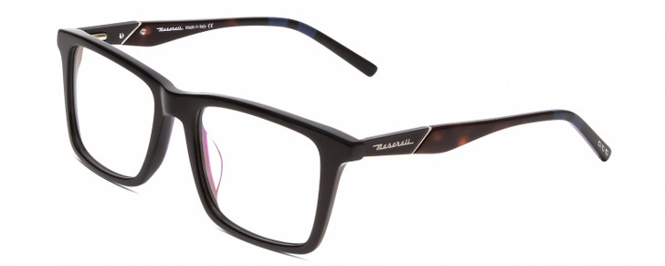 Profile View of MASERATI MS00802 Designer Reading Eye Glasses with Custom Cut Powered Lenses in Gloss Black Blue Stripe Unisex Square Full Rim Acetate 54 mm