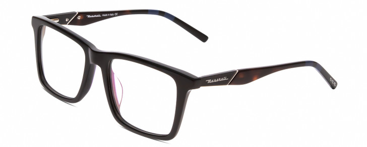 Profile View of MASERATI MS00802 Designer Blue Light Blocking Eyeglasses in Gloss Black Blue Stripe Unisex Square Full Rim Acetate 54 mm