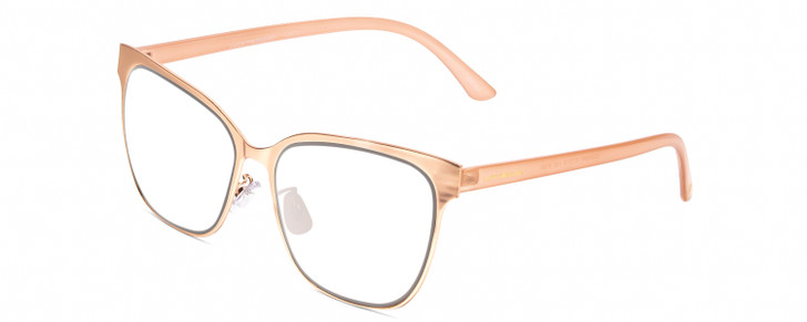 Profile View of Lucky Brand Doheny Designer Reading Eye Glasses with Custom Cut Powered Lenses in Gold Matte Pink Blush Ladies Cat Eye Full Rim Metal 57 mm