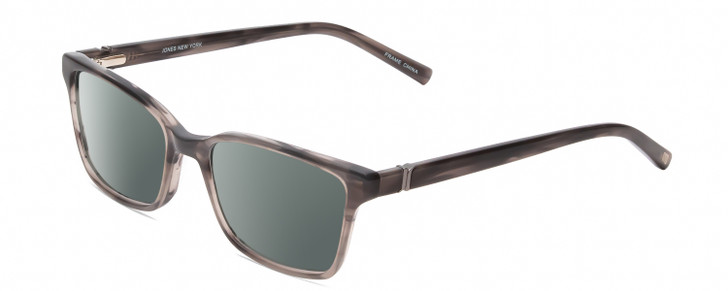 Profile View of Jones New York J227 Designer Polarized Sunglasses with Custom Cut Smoke Grey Lenses in Grey Marble Horn Ladies Square Full Rim Acetate 48 mm