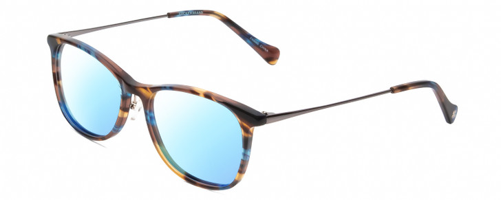 Profile View of Lucky Brand D510 Designer Blue Light Blocking Eyeglasses in Blue Brown Stripe Horn Unisex Cat Eye Full Rim Acetate 52 mm