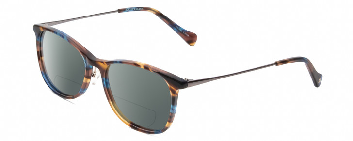Profile View of Lucky Brand D510 Designer Polarized Reading Sunglasses with Custom Cut Powered Smoke Grey Lenses in Blue Brown Stripe Horn Unisex Cat Eye Full Rim Acetate 52 mm