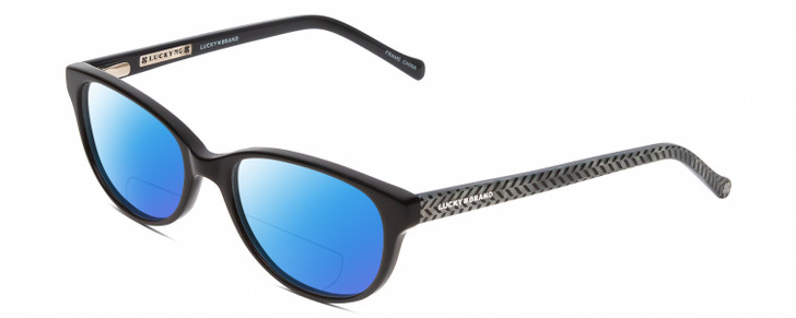 Profile View of Lucky Brand D701 Designer Polarized Reading Sunglasses with Custom Cut Powered Blue Mirror Lenses in Gloss Black Ladies Oval Full Rim Acetate 49 mm