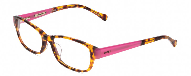 Profile View of Lucky Brand Lunada Designer Single Vision Prescription Rx Eyeglasses in Havana Tokyo Tortoise Brown Gold Pink Ladies Cat Eye Full Rim Acetate 53 mm