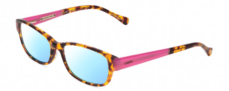 Profile View of Lucky Brand Lunada Designer Blue Light Blocking Eyeglasses in Havana Tokyo Tortoise Brown Gold Pink Ladies Cat Eye Full Rim Acetate 53 mm