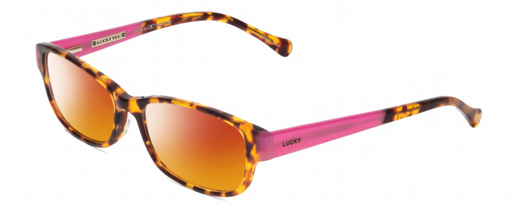 Profile View of Lucky Brand Lunada Designer Polarized Sunglasses with Custom Cut Red Mirror Lenses in Havana Tokyo Tortoise Brown Gold Pink Ladies Cat Eye Full Rim Acetate 53 mm