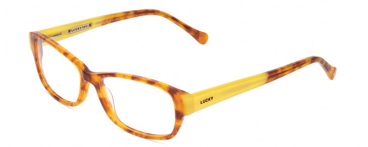 Profile View of Lucky Brand Porter Designer Single Vision Prescription Rx Eyeglasses in Blonde Tokyo Tortoise Havana Yellow Unisex Oval Full Rim Acetate 53 mm