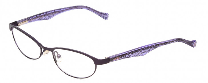 Profile View of Lucky Brand Peppy Designer Single Vision Prescription Rx Eyeglasses in Satin Purple Snowflake Lavender Crystal Ladies Oval Semi-Rimless Metal 49 mm