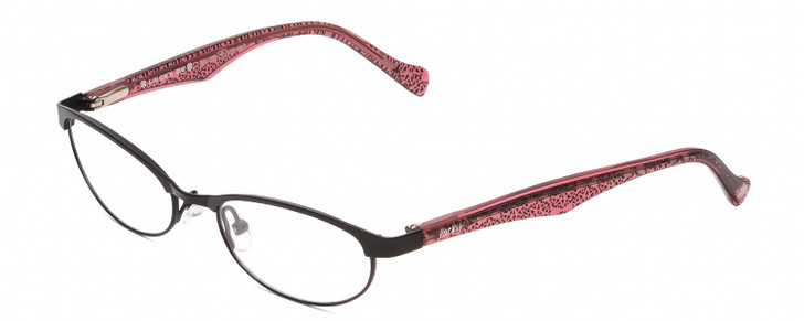 Profile View of Lucky Brand Peppy KIDS Designer Single Vision Prescription Rx Eyeglasses in Black Snowflake Crystal Pink Ladies Oval Semi-Rimless Metal 46 mm