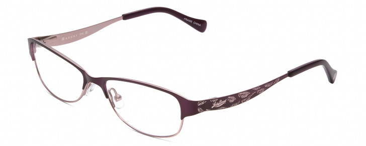 Profile View of Lucky Brand Tickle Designer Reading Eye Glasses with Custom Cut Powered Lenses in Satin Purple Blush Leaf Ladies Oval Semi-Rimless Metal 49 mm
