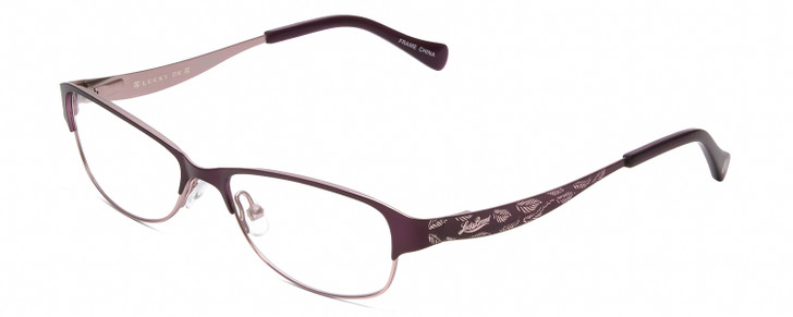 Profile View of Lucky Brand Tickle Designer Single Vision Prescription Rx Eyeglasses in Satin Purple Blush Leaf Ladies Oval Semi-Rimless Metal 49 mm