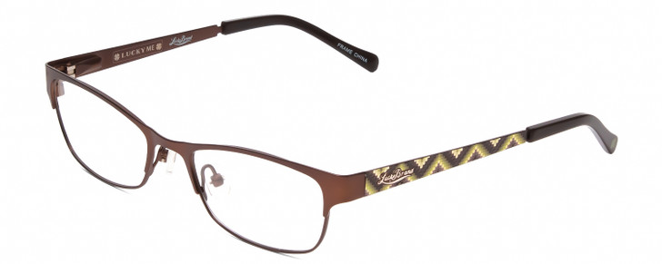 Profile View of Lucky Brand Wiggle Designer Single Vision Prescription Rx Eyeglasses in Satin Brown Mosaic Green Ladies Oval Semi-Rimless Metal 49 mm