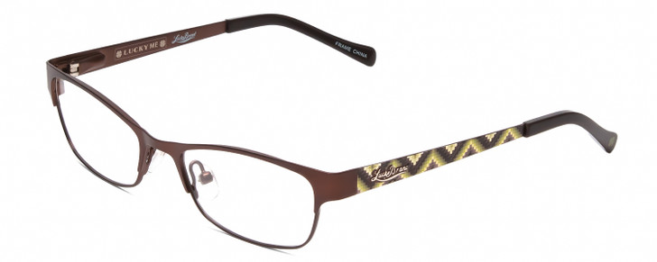 Profile View of Lucky Brand Wiggle KIDS Designer Single Vision Prescription Rx Eyeglasses in Satin Brown Mosaic Green Unisex Oval Semi-Rimless Metal 46 mm