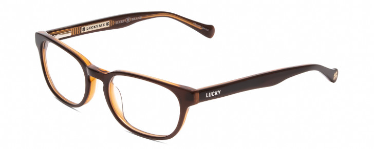 Profile View of Lucky Brand Dynamo KIDS Designer Single Vision Prescription Rx Eyeglasses in Brown Layer Crystal Amber Unisex Oval Full Rim Acetate 45 mm