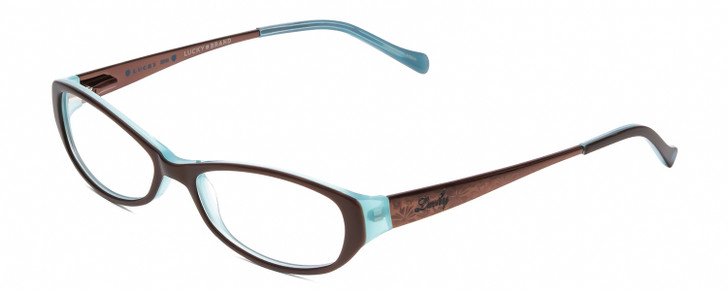 Profile View of Lucky Brand Beach Trip Designer Reading Eye Glasses with Custom Cut Powered Lenses in Brown Crystal Floral Ladies Cat Eye Full Rim Acetate 49 mm