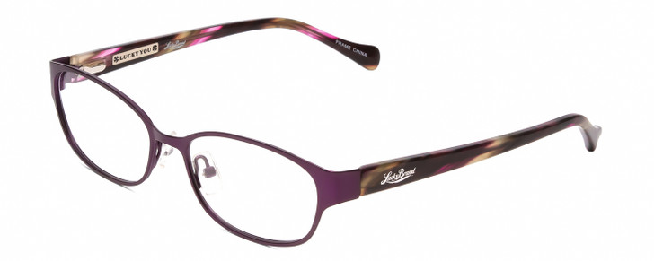 Profile View of Lucky Brand Horizon Designer Reading Eye Glasses with Custom Cut Powered Lenses in Satin Purple Brown Stripe Horn Ladies Oval Full Rim Metal 51 mm