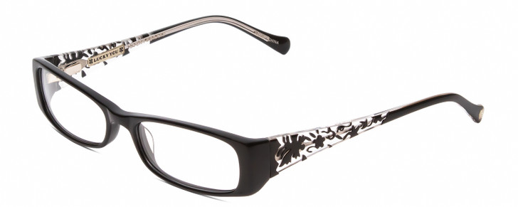 Profile View of Lucky Brand Michelle Designer Single Vision Prescription Rx Eyeglasses in Gloss Black Crystal Confetti Ladies Rectangular Full Rim Acetate 51 mm