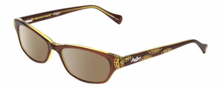 Profile View of Lucky Brand Swirl Designer Polarized Sunglasses with Custom Cut Amber Brown Lenses in Brown Yellow Layer Crystal Ladies Cat Eye Full Rim Acetate 53 mm