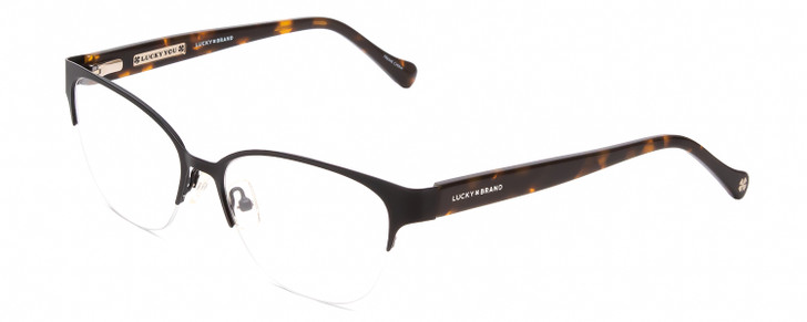 Profile View of Lucky Brand D104 Designer Single Vision Prescription Rx Eyeglasses in Satin Black Tortoise Tips Unisex Oval Semi-Rimless Metal 54 mm