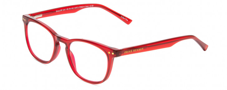 Profile View of Prive Revaux Show Off Single Designer Reading Eye Glasses with Custom Cut Powered Lenses in Red Crystal Ladies Round Full Rim Acetate 48 mm