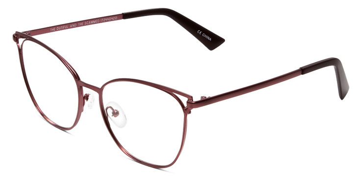 Profile View of Book Club Dutiful Scammed Designer Single Vision Prescription Rx Eyeglasses in Wine Satin Red Ladies Cat Eye Full Rim Metal 55 mm