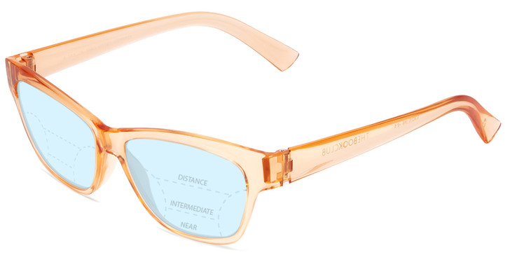 Profile View of Book Club Tail of Two Kitties Designer Progressive Lens Blue Light Blocking Eyeglasses in Sherbert Crystal Peach Orange Ladies Cat Eye Full Rim Acetate 53 mm