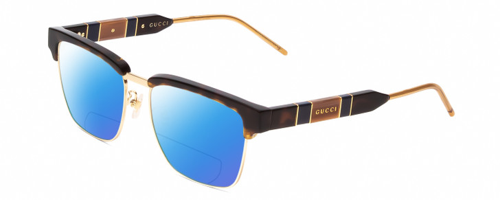 Profile View of GUCCI GG0605O Designer Polarized Reading Sunglasses with Custom Cut Powered Blue Mirror Lenses in Tortoise Havana Brown Gold Navy Blue Unisex Cat Eye Semi-Rimless Acetate 52 mm