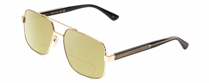 Profile View of GUCCI GG0529S Designer Polarized Reading Sunglasses with Custom Cut Powered Sun Flower Yellow Lenses in Gold Black Crystal Unisex Pilot Full Rim Metal 60 mm