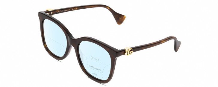 Profile View of GUCCI GG1071S Designer Progressive Lens Blue Light Blocking Eyeglasses in Tortoise Havana Brown Gold Ladies Cat Eye Full Rim Acetate 55 mm