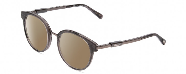 Profile View of Chopard VCH239 Designer Polarized Sunglasses with Custom Cut Amber Brown Lenses in Grey Crystal Mosaic/Sparkles/Black Gunmetal Ladies Round Full Rim Acetate 50 mm