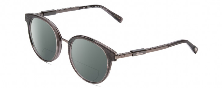 Profile View of Chopard VCH239 Designer Polarized Reading Sunglasses with Custom Cut Powered Smoke Grey Lenses in Grey Crystal Mosaic/Sparkles/Black Gunmetal Ladies Round Full Rim Acetate 50 mm