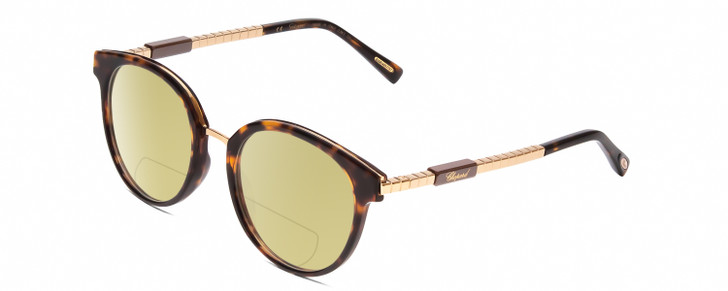 Profile View of Chopard VCH239 Designer Polarized Reading Sunglasses with Custom Cut Powered Sun Flower Yellow Lenses in Brown Tortoise Havana/Rose Gold Unisex Round Full Rim Acetate 50 mm