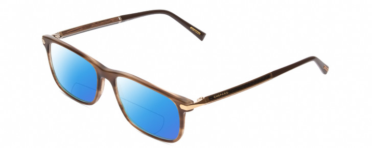Profile View of Chopard VCH249 Designer Polarized Reading Sunglasses with Custom Cut Powered Blue Mirror Lenses in Brown Beige Marble/Gold Unisex Rectangular Full Rim Wood 55 mm