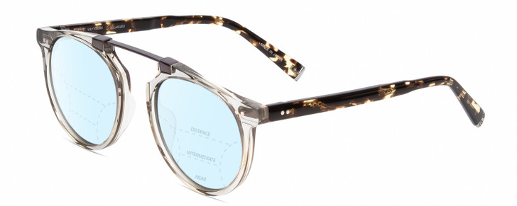Profile View of John Varvatos V602 Designer Progressive Lens Blue Light Blocking Eyeglasses in Grey Crystal /Gunmetal/Tortoise Unisex Round Full Rim Acetate 52 mm