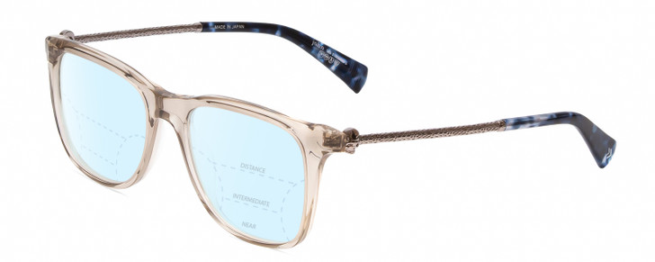 Profile View of John Varvatos V418 Designer Progressive Lens Blue Light Blocking Eyeglasses in Smoke Crystal/Silver/Blue Tortoise Ladies Panthos Full Rim Acetate 52 mm